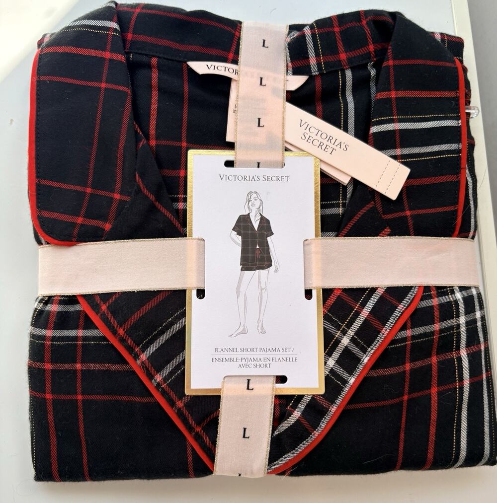 Victoria's Secret Pajama Set Size L Flannel Shorts Top Black Red Plaid Cozy NEW